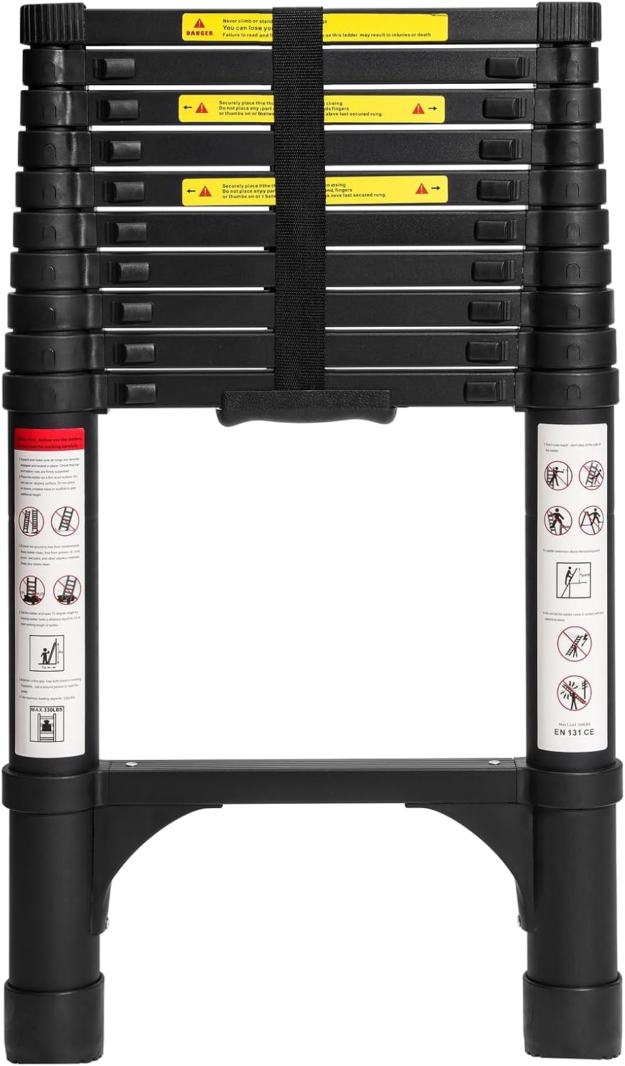 Lightweight, multi-functional, foldable aluminum telescopic ladder with two triangular stabilizers; maximum load capacity 330 lbs.