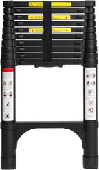 Lightweight, multi-functional, foldable aluminum telescopic ladder with two triangular stabilizers; maximum load capacity 330 lbs.