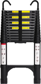 Lightweight, multi-functional, foldable aluminum telescopic ladder with two triangular stabilizers; maximum load capacity 330 lbs.