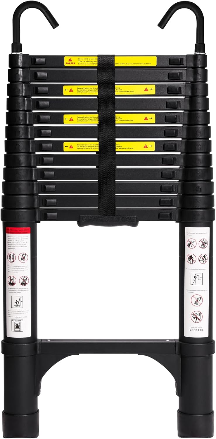 Lightweight, multi-functional, foldable aluminum telescopic ladder with two triangular stabilizers; maximum load capacity 330 lbs.