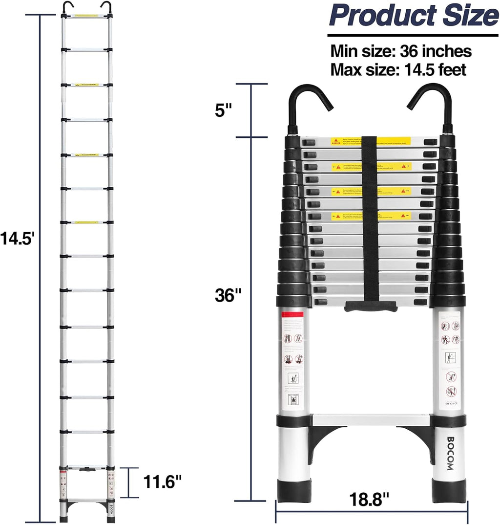 Lightweight, multi-functional, foldable aluminum telescopic ladder with two triangular stabilizers; maximum load capacity 330 lbs.
