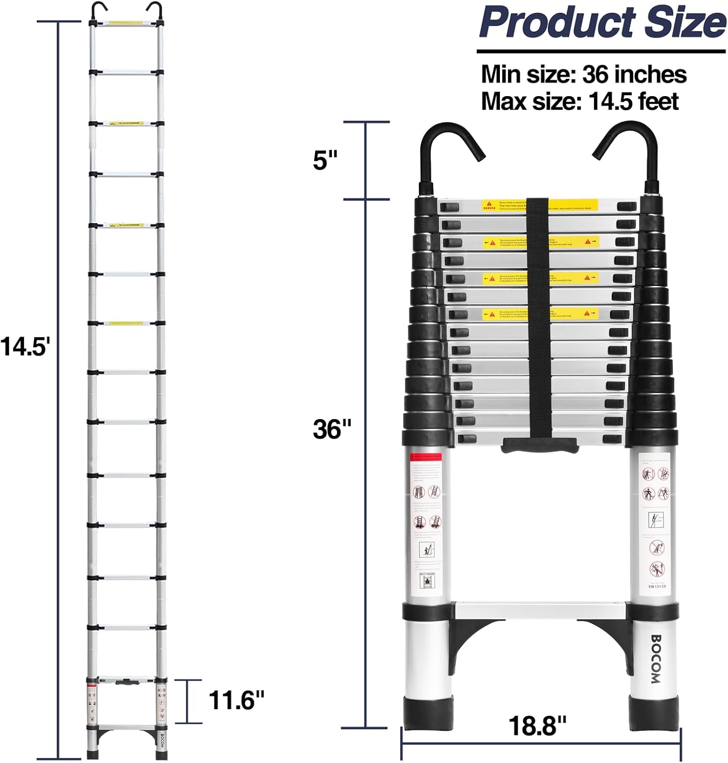 Lightweight, multi-functional, foldable aluminum telescopic ladder with two triangular stabilizers; maximum load capacity 330 lbs.