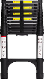 Lightweight, multi-functional, foldable aluminum telescopic ladder with two triangular stabilizers; maximum load capacity 330 lbs.