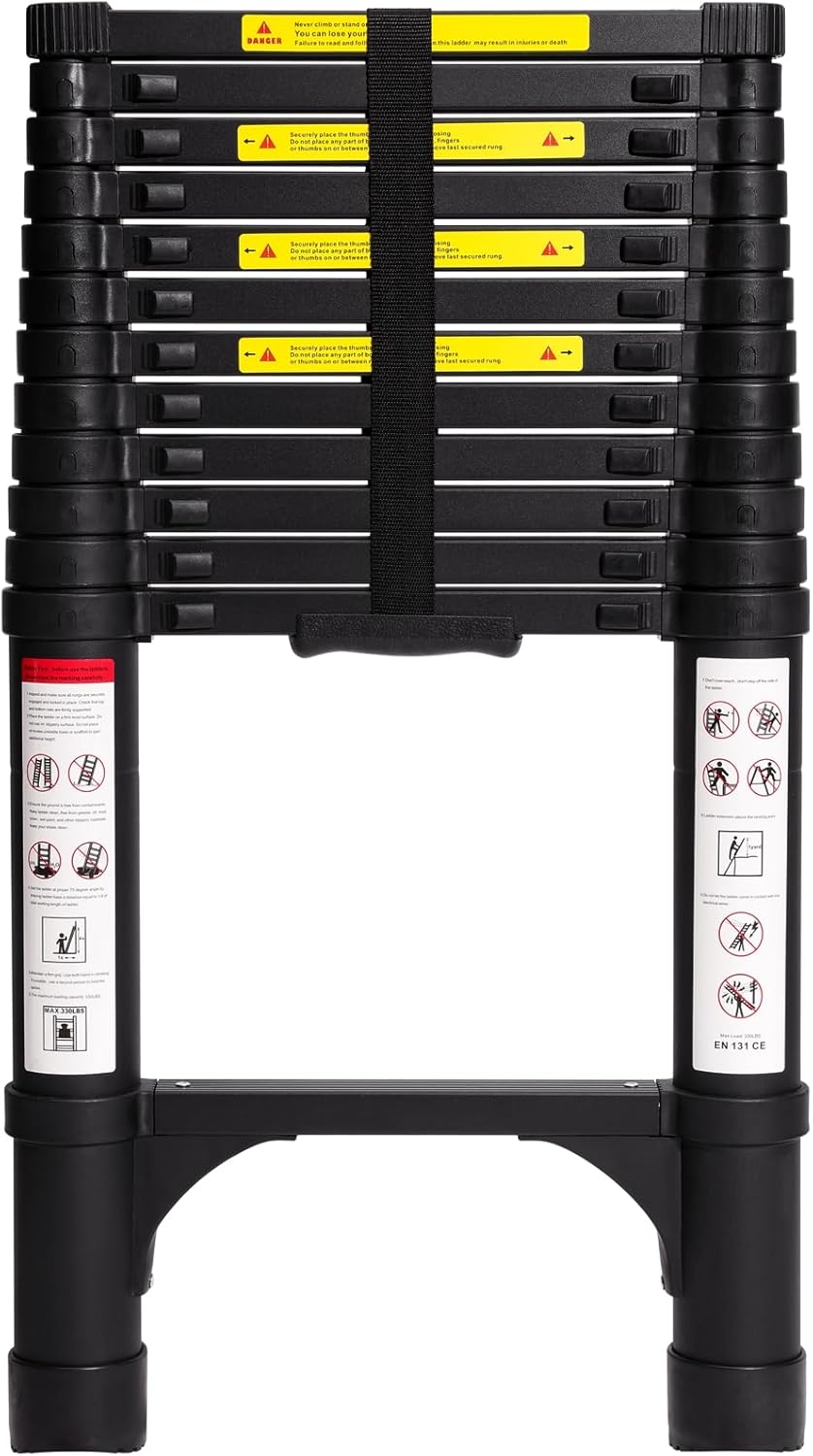 Lightweight, multi-functional, foldable aluminum telescopic ladder with two triangular stabilizers; maximum load capacity 330 lbs.