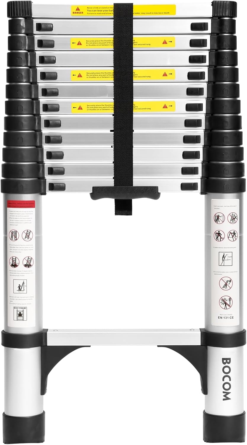 Lightweight, multi-functional, foldable aluminum telescopic ladder with two triangular stabilizers; maximum load capacity 330 lbs.