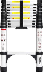 Lightweight, multi-functional, foldable aluminum telescopic ladder with two triangular stabilizers; maximum load capacity 330 lbs.