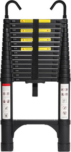 Lightweight, multi-functional, foldable aluminum telescopic ladder with two triangular stabilizers; maximum load capacity 330 lbs.