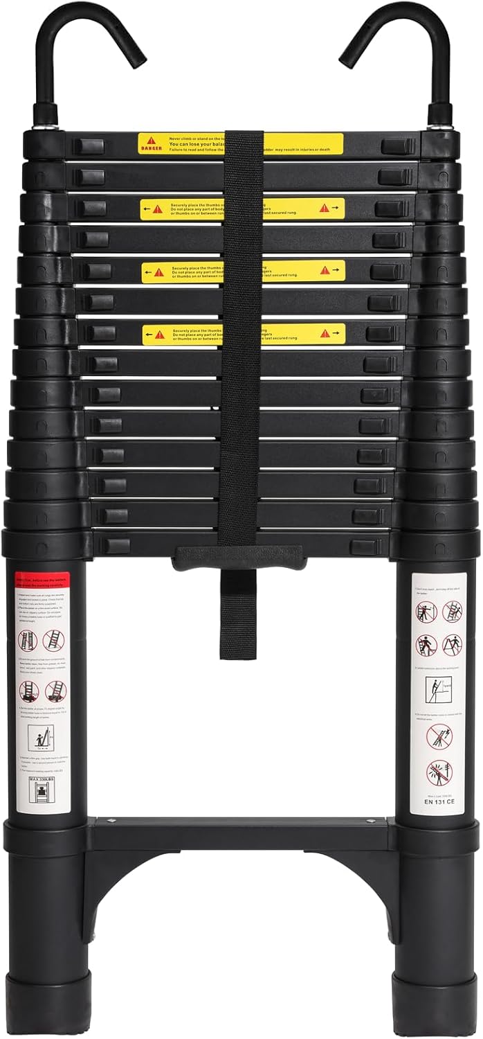 Lightweight, multi-functional, foldable aluminum telescopic ladder with two triangular stabilizers; maximum load capacity 330 lbs.
