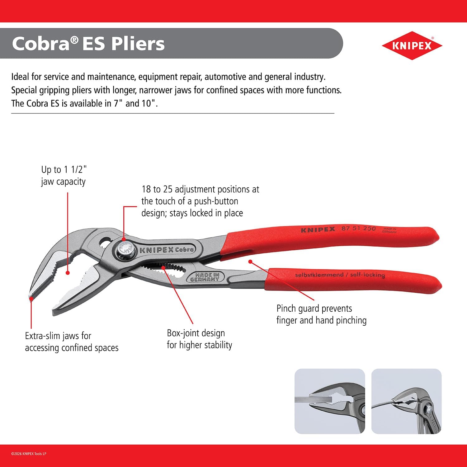 KNIPEX Tools 87 51 180 Cobra® ES Water Pump Pliers. 7-1/4