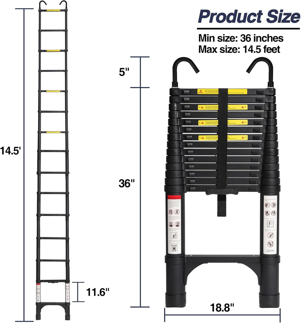 Lightweight, multi-functional, foldable aluminum telescopic ladder with two triangular stabilizers; maximum load capacity 330 lbs.