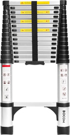 Lightweight, multi-functional, foldable aluminum telescopic ladder with two triangular stabilizers; maximum load capacity 330 lbs.