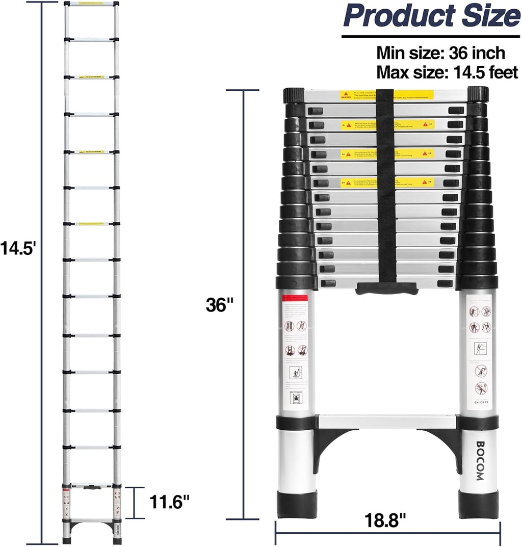Lightweight, multi-functional, foldable aluminum telescopic ladder with two triangular stabilizers; maximum load capacity 330 lbs.