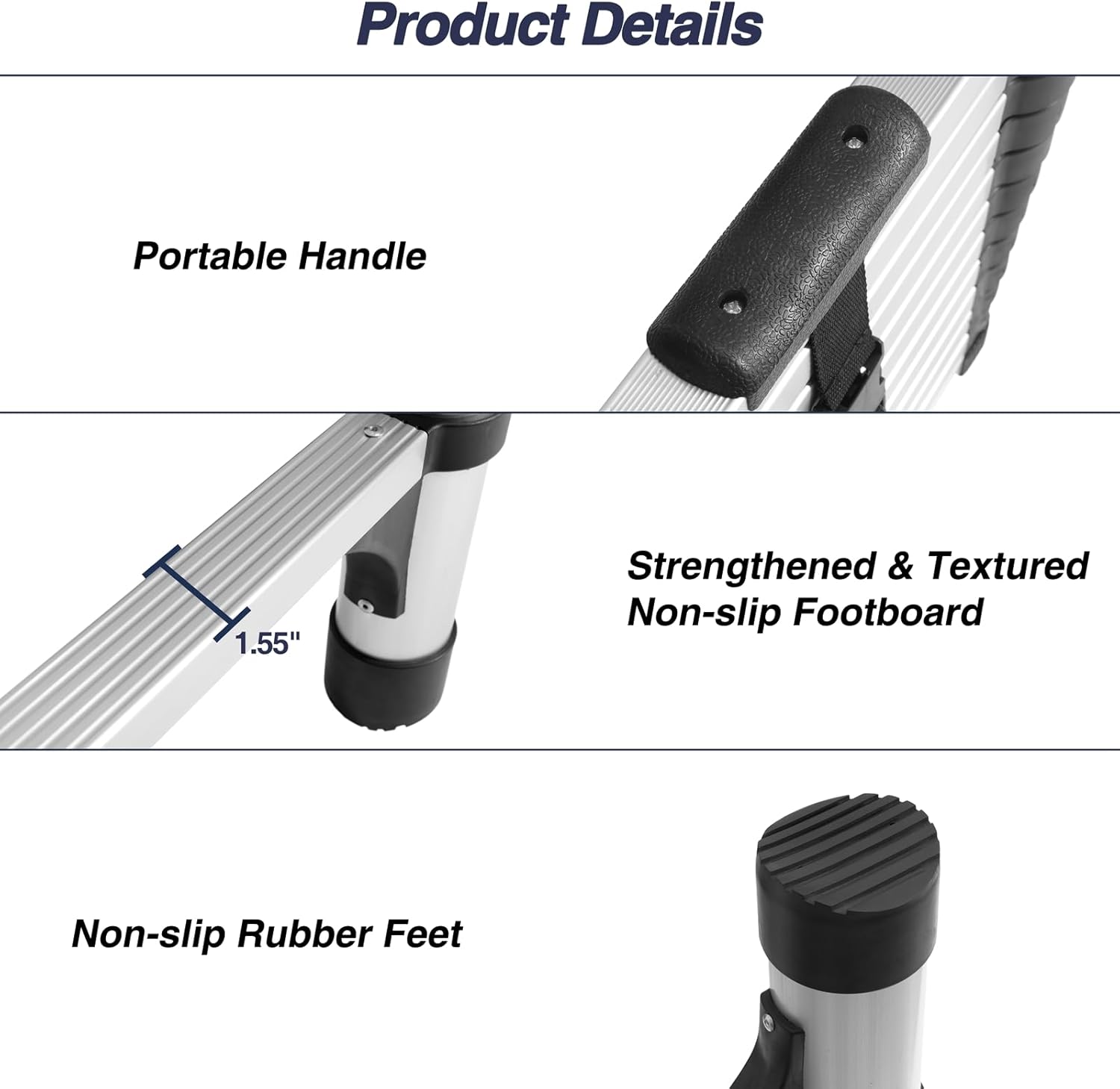 Lightweight, multi-functional, foldable aluminum telescopic ladder with two triangular stabilizers; maximum load capacity 330 lbs.