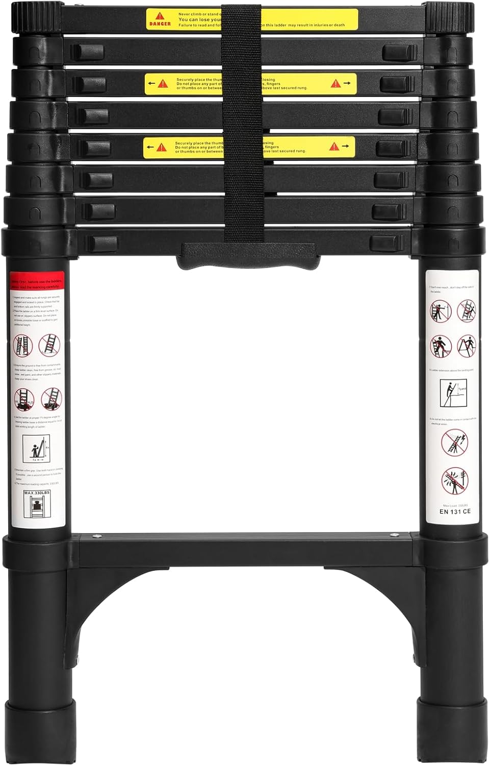 Lightweight, multi-functional, foldable aluminum telescopic ladder with two triangular stabilizers; maximum load capacity 330 lbs.