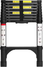 Lightweight, multi-functional, foldable aluminum telescopic ladder with two triangular stabilizers; maximum load capacity 330 lbs.