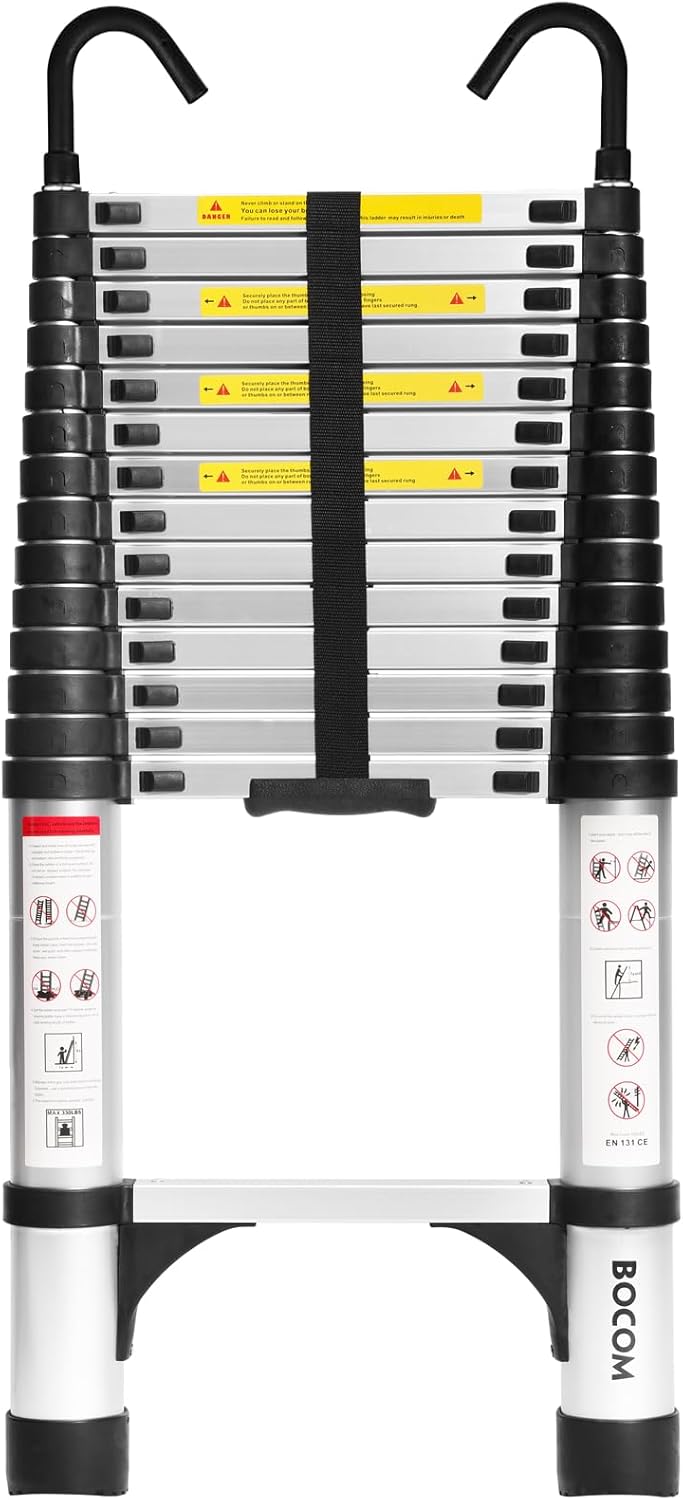 Lightweight, multi-functional, foldable aluminum telescopic ladder with two triangular stabilizers; maximum load capacity 330 lbs.