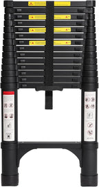 Lightweight, multi-functional, foldable aluminum telescopic ladder with two triangular stabilizers; maximum load capacity 330 lbs.