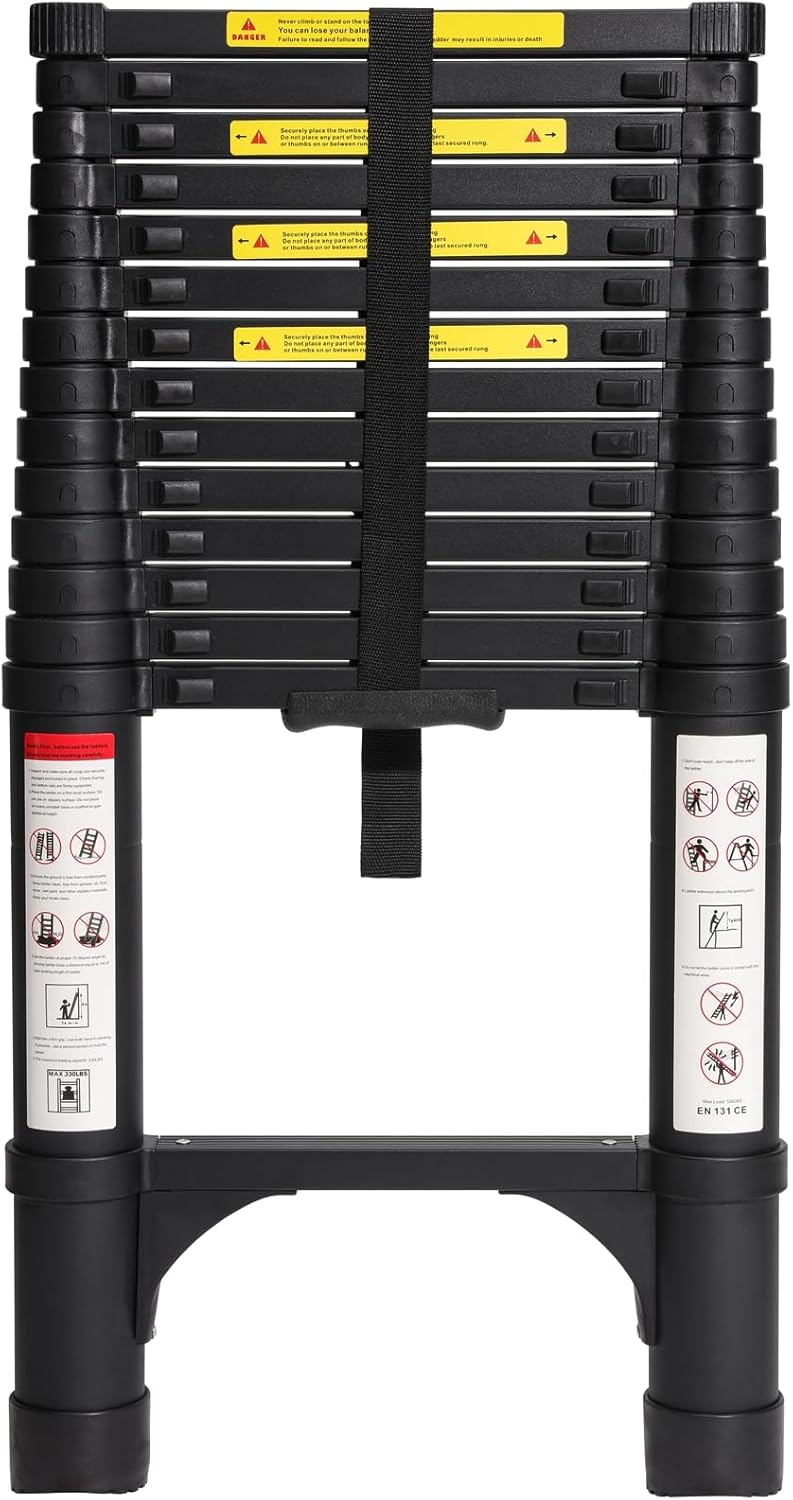 Lightweight, multi-functional, foldable aluminum telescopic ladder with two triangular stabilizers; maximum load capacity 330 lbs.