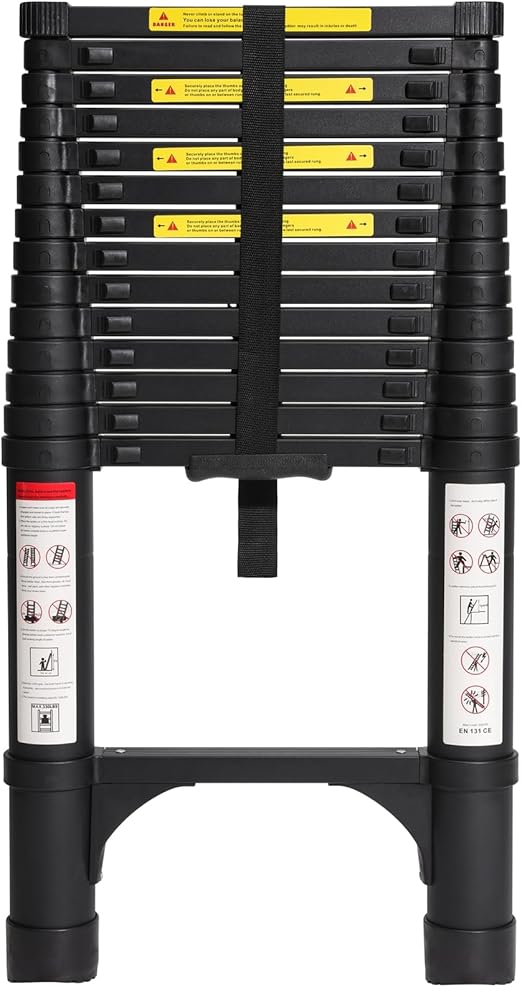 Lightweight, multi-functional, foldable aluminum telescopic ladder with two triangular stabilizers; maximum load capacity 330 lbs.