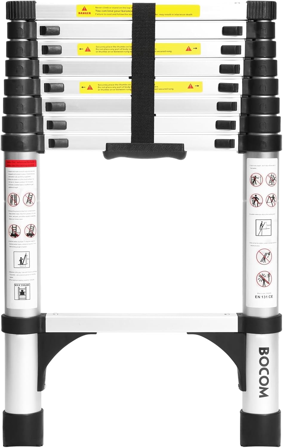 Lightweight, multi-functional, foldable aluminum telescopic ladder with two triangular stabilizers; maximum load capacity 330 lbs.