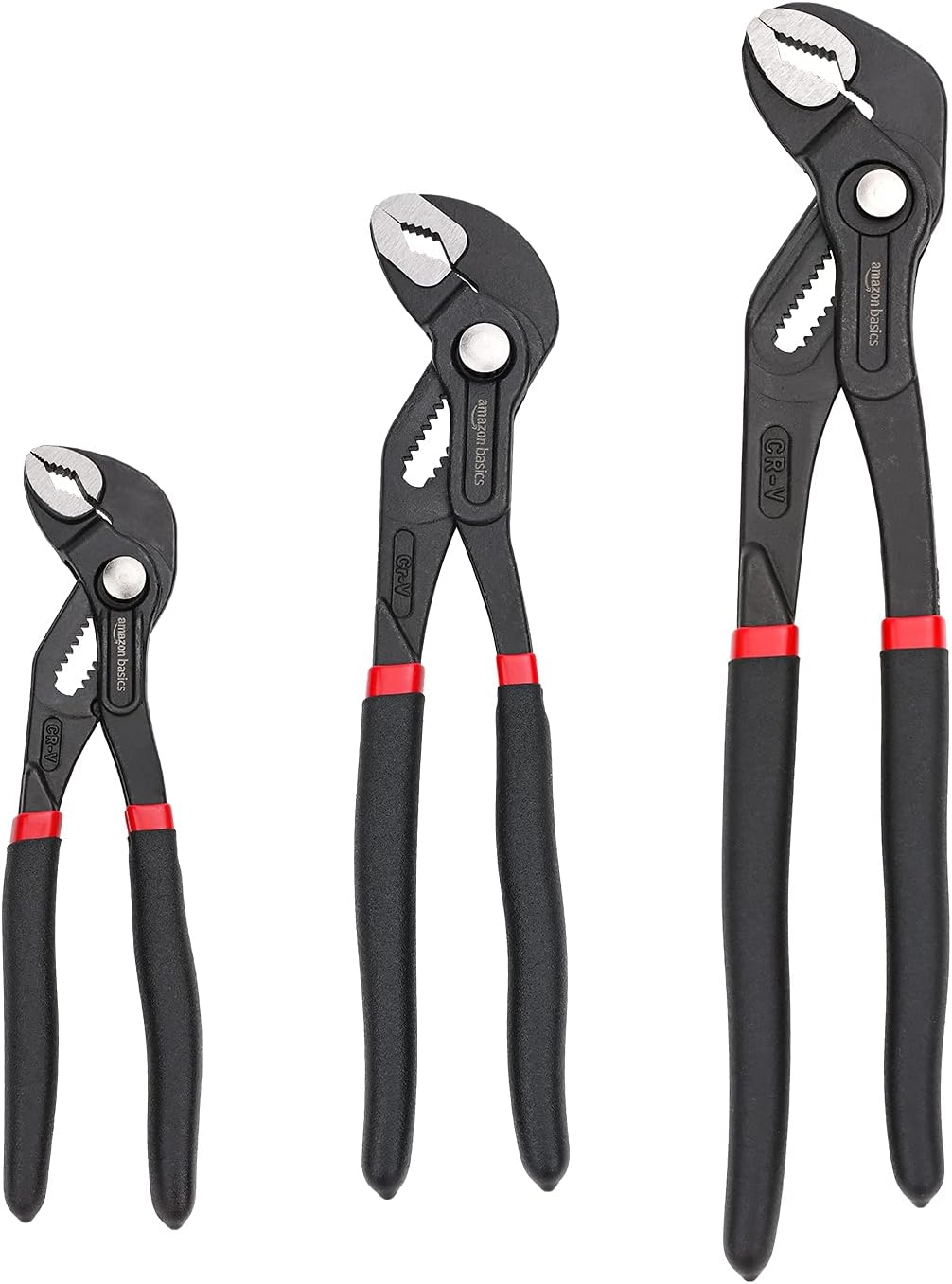 Basics 3-Piece Quick Release Groove Joint Pliers Set,Drop Forged Chrome Vanadium Steel with Comfortable Rubber Grip,Adjustable,7-inch,10-inch,and 12-inch,Black,(Pack of 12)