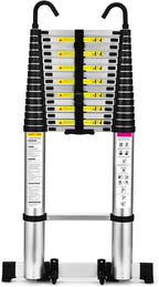 Lightweight aluminum telescopic ladder with 2 triangular stabilizers, maximum load capacity 330 lbs.