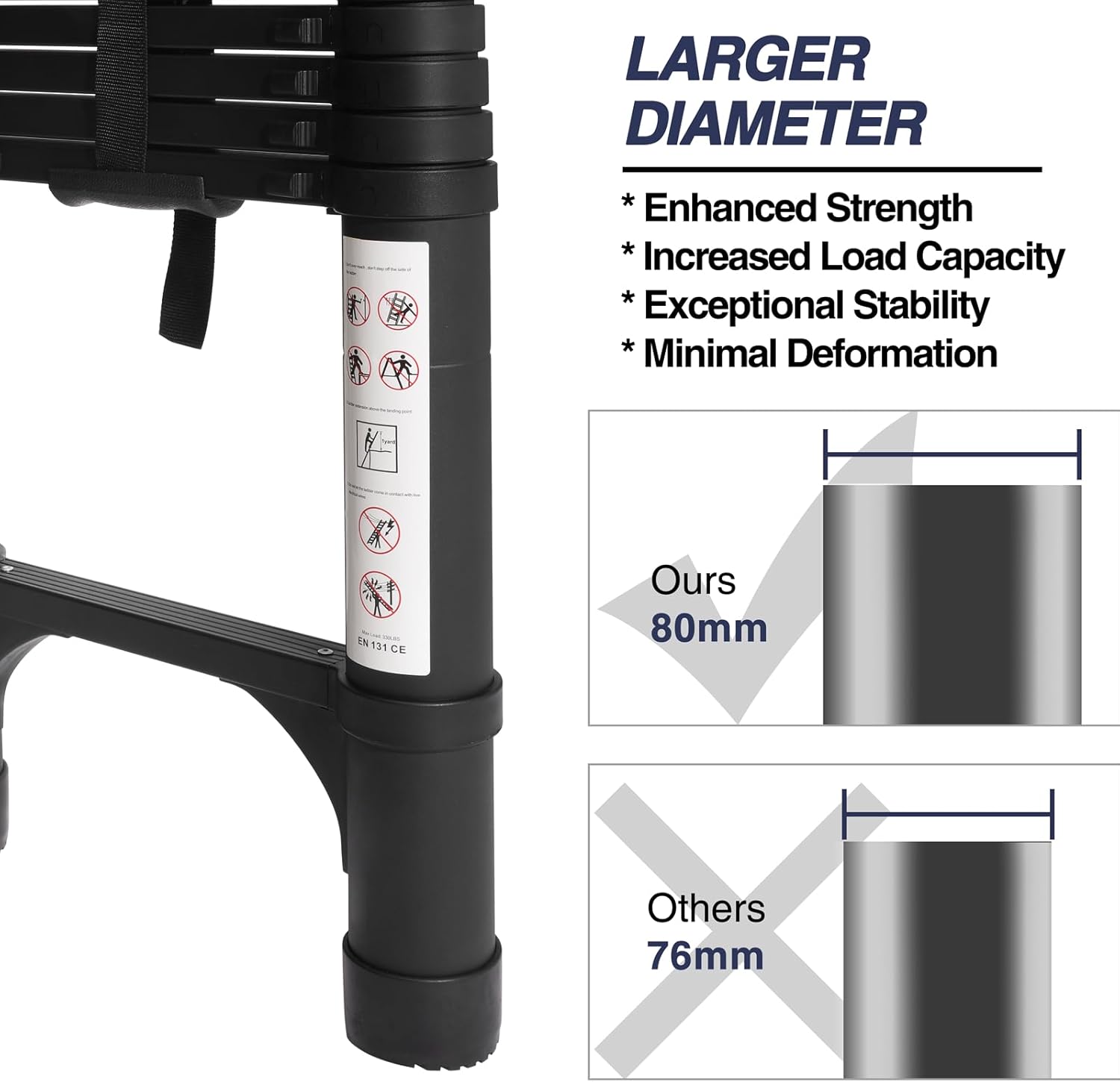 Lightweight, multi-functional, foldable aluminum telescopic ladder with two triangular stabilizers; maximum load capacity 330 lbs.