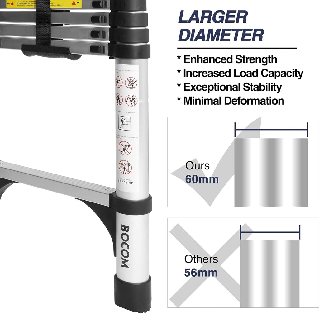 Lightweight, multi-functional, foldable aluminum telescopic ladder with two triangular stabilizers; maximum load capacity 330 lbs.