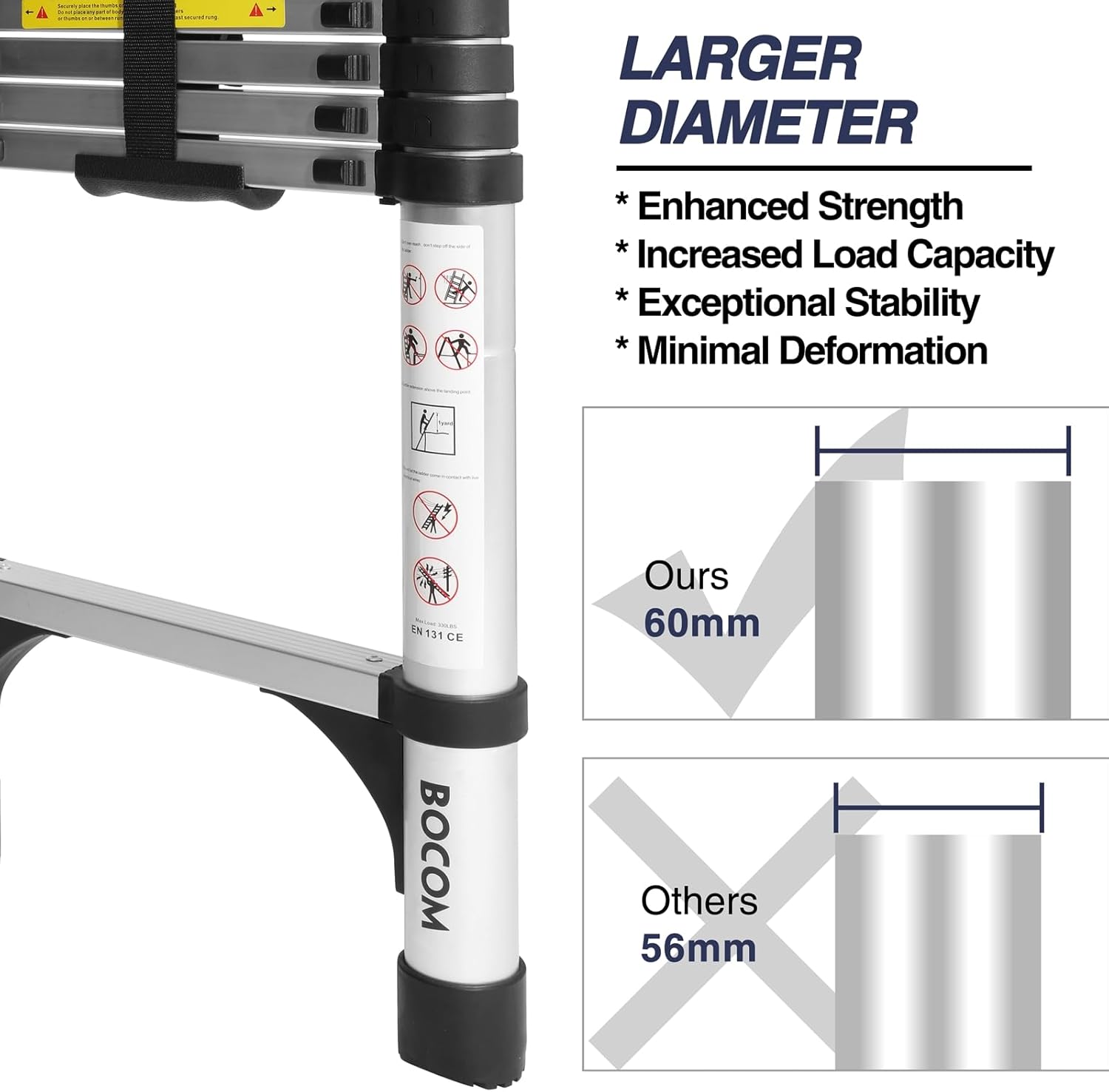 Lightweight, multi-functional, foldable aluminum telescopic ladder with two triangular stabilizers; maximum load capacity 330 lbs.