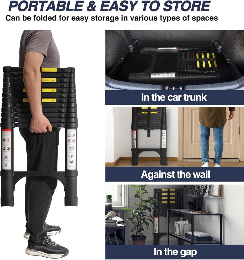 Lightweight, multi-functional, foldable aluminum telescopic ladder with two triangular stabilizers; maximum load capacity 330 lbs.