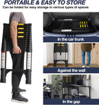 Lightweight, multi-functional, foldable aluminum telescopic ladder with two triangular stabilizers; maximum load capacity 330 lbs.