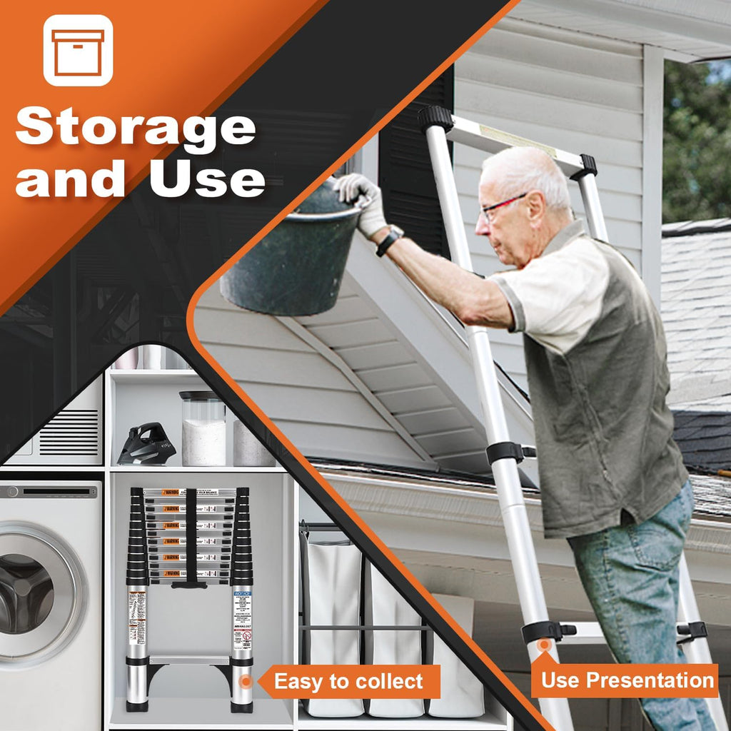 Lightweight aluminum telescopic ladder with 2 triangular stabilizers, maximum load capacity 330 lbs.