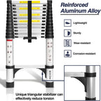 Lightweight, multi-functional, foldable aluminum telescopic ladder with two triangular stabilizers; maximum load capacity 330 lbs.