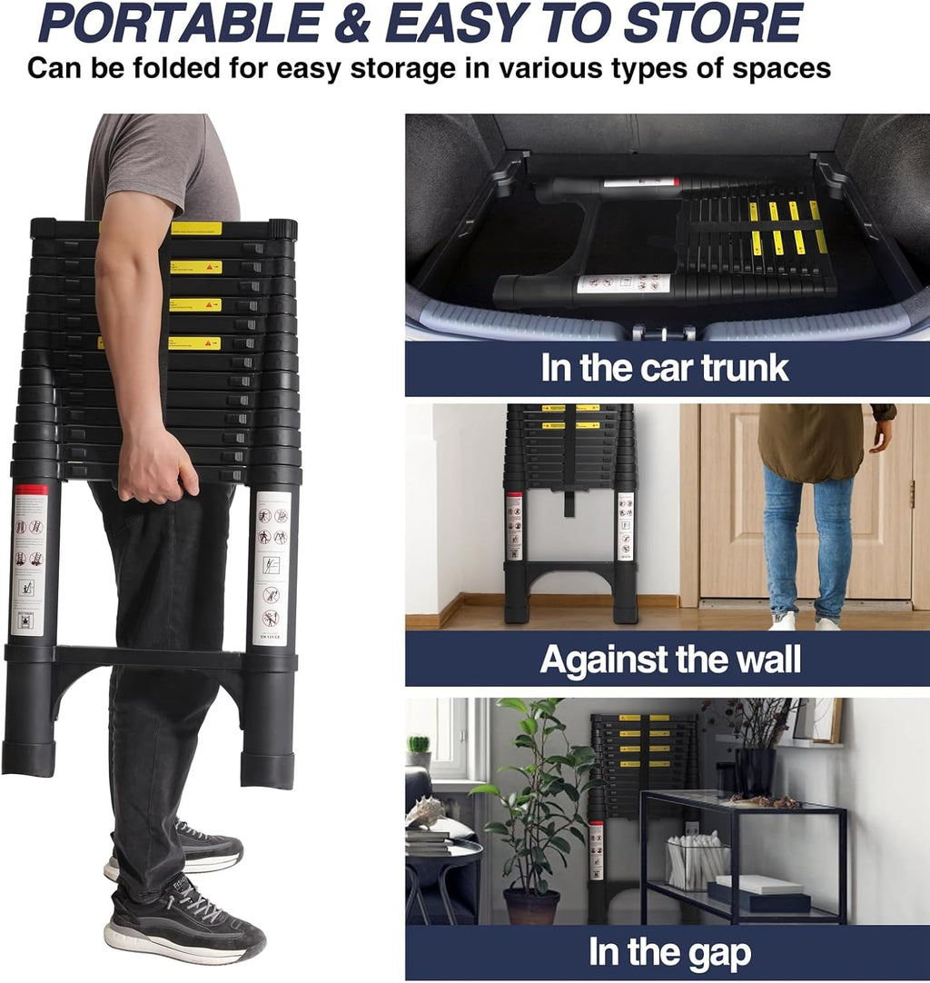 Lightweight, multi-functional, foldable aluminum telescopic ladder with two triangular stabilizers; maximum load capacity 330 lbs.