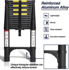 Lightweight, multi-functional, foldable aluminum telescopic ladder with two triangular stabilizers; maximum load capacity 330 lbs.