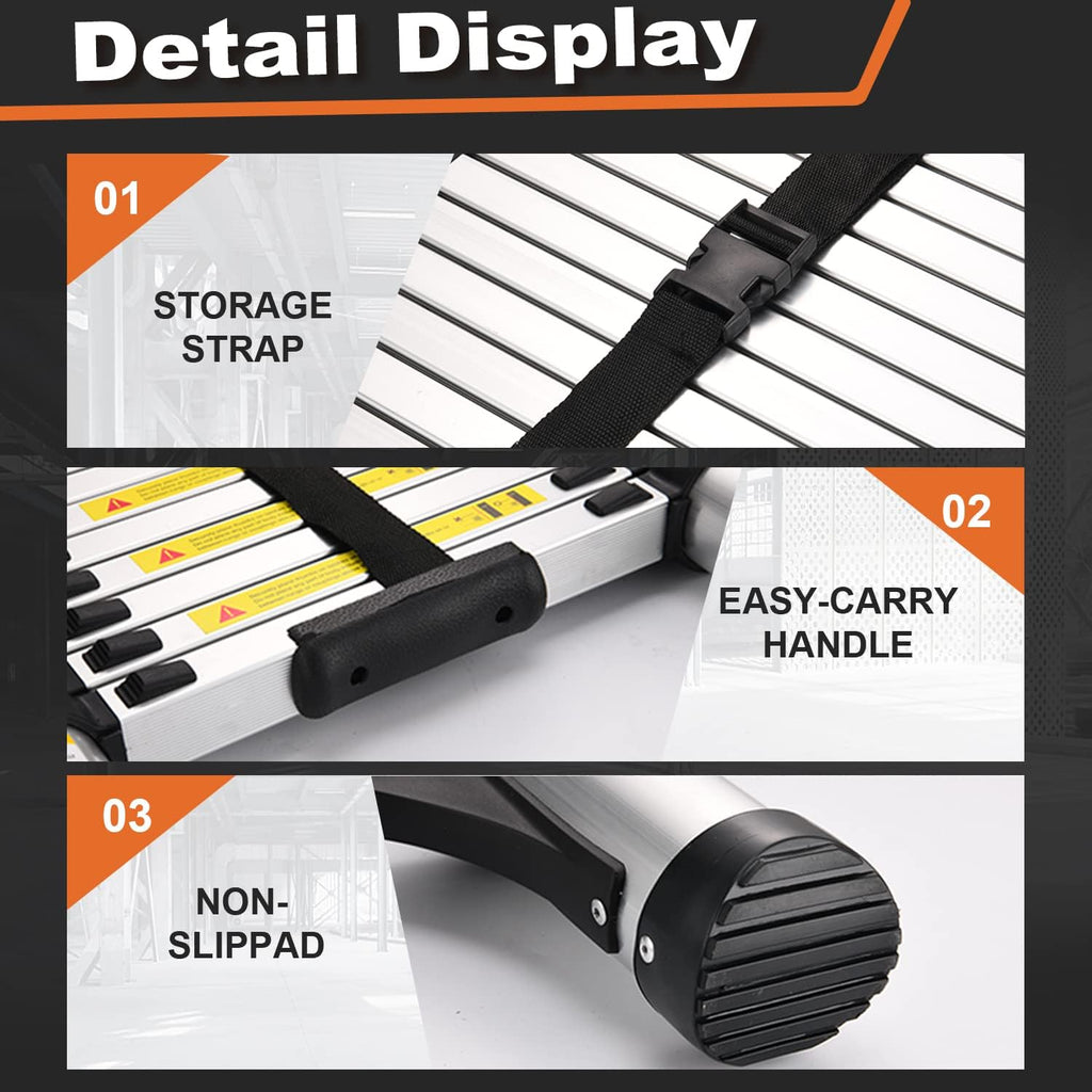 Lightweight aluminum telescopic ladder with 2 triangular stabilizers, maximum load capacity 330 lbs.