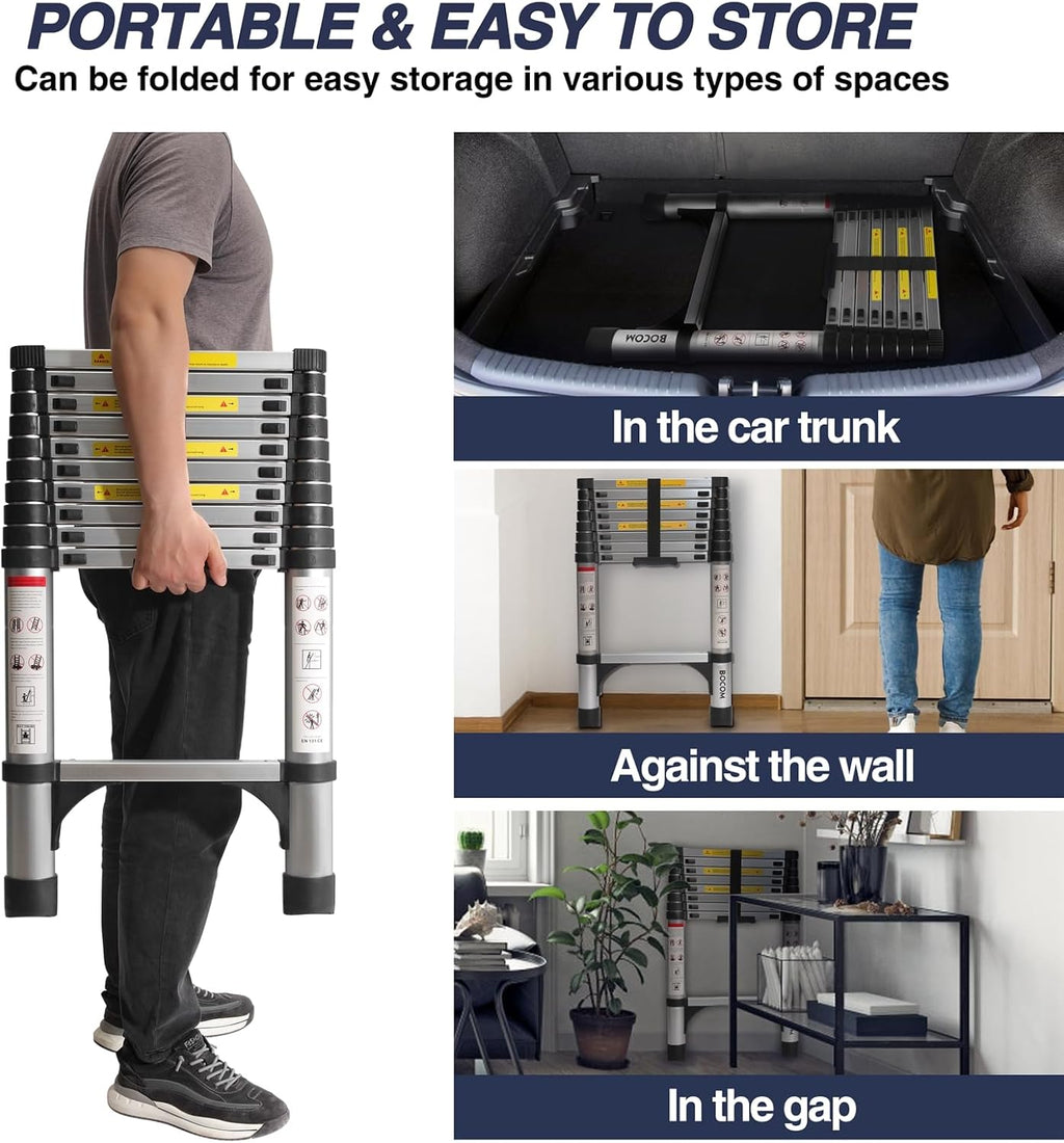 Lightweight, multi-functional, foldable aluminum telescopic ladder with two triangular stabilizers; maximum load capacity 330 lbs.