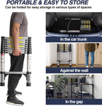 Lightweight, multi-functional, foldable aluminum telescopic ladder with two triangular stabilizers; maximum load capacity 330 lbs.