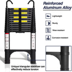 Lightweight, multi-functional, foldable aluminum telescopic ladder with two triangular stabilizers; maximum load capacity 330 lbs.