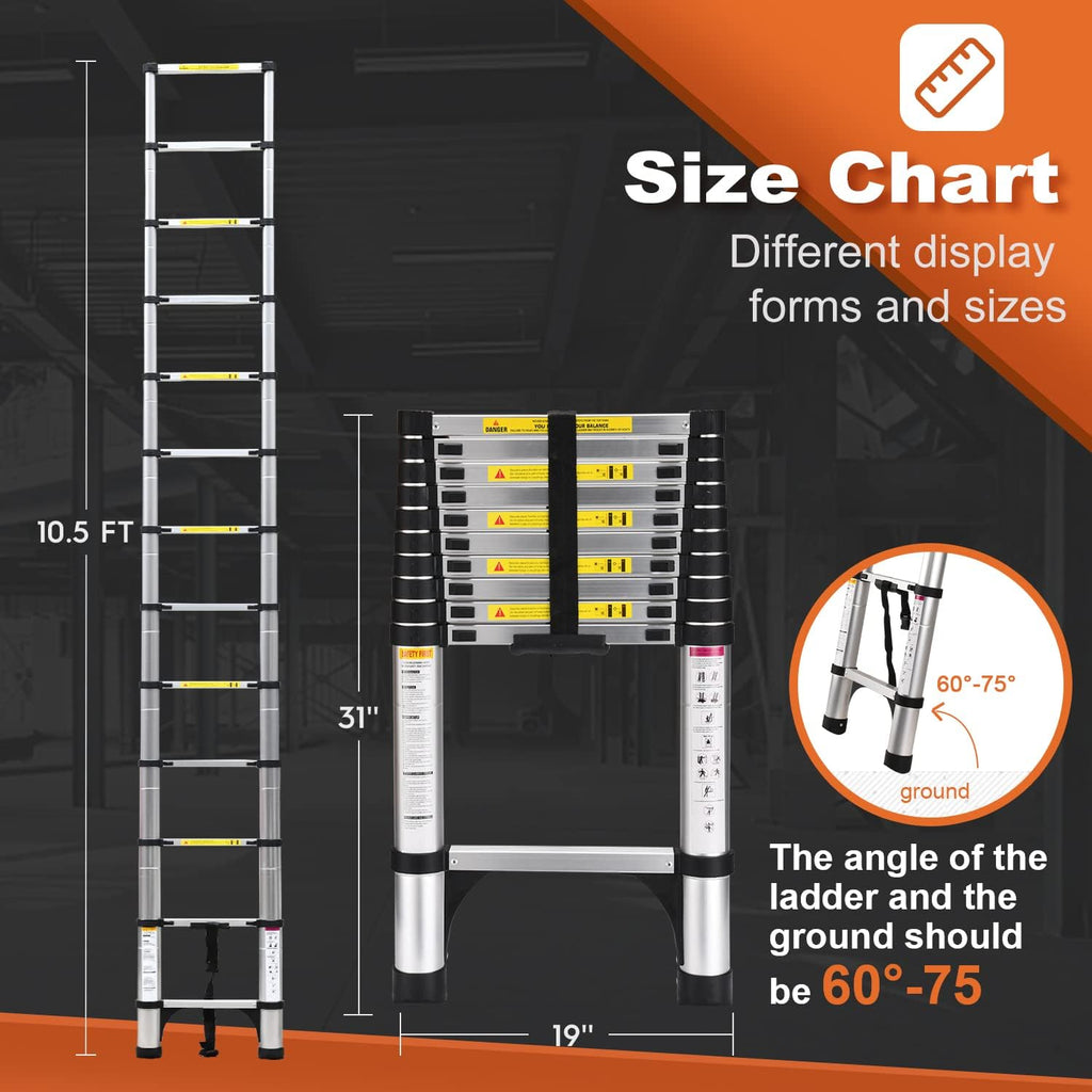 Lightweight aluminum telescopic ladder with 2 triangular stabilizers, maximum load capacity 330 lbs.