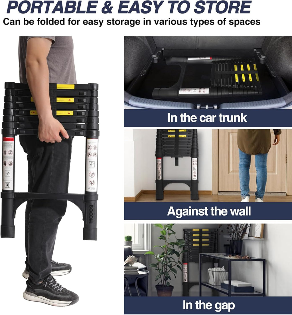 Lightweight, multi-functional, foldable aluminum telescopic ladder with two triangular stabilizers; maximum load capacity 330 lbs.