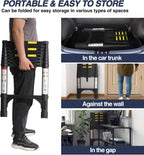 Lightweight, multi-functional, foldable aluminum telescopic ladder with two triangular stabilizers; maximum load capacity 330 lbs.