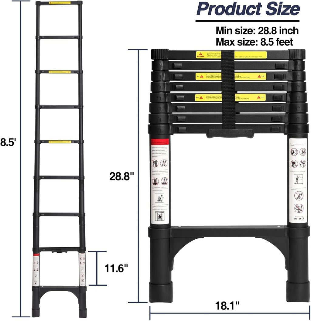Lightweight, multi-functional, foldable aluminum telescopic ladder with two triangular stabilizers; maximum load capacity 330 lbs.