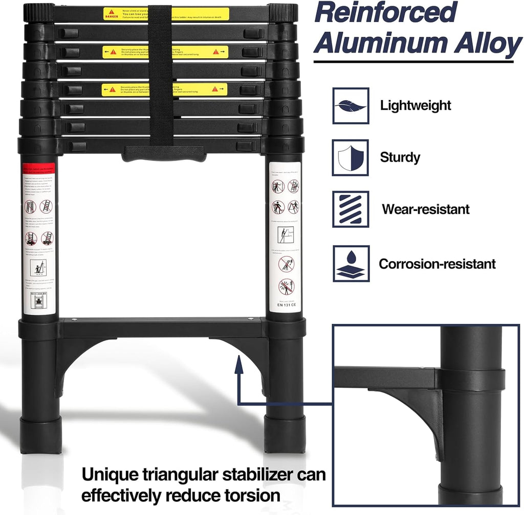 Lightweight, multi-functional, foldable aluminum telescopic ladder with two triangular stabilizers; maximum load capacity 330 lbs.