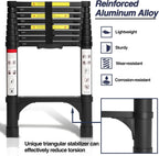 Lightweight, multi-functional, foldable aluminum telescopic ladder with two triangular stabilizers; maximum load capacity 330 lbs.