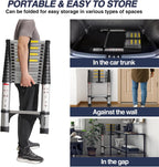 Lightweight, multi-functional, foldable aluminum telescopic ladder with two triangular stabilizers; maximum load capacity 330 lbs.