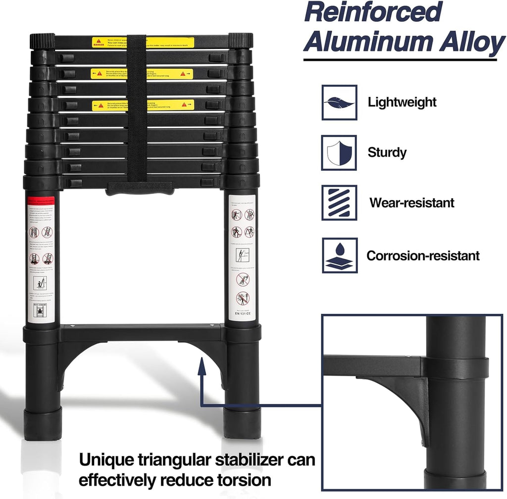 Lightweight, multi-functional, foldable aluminum telescopic ladder with two triangular stabilizers; maximum load capacity 330 lbs.