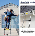 Lightweight, multi-functional, foldable aluminum telescopic ladder with two triangular stabilizers; maximum load capacity 330 lbs.