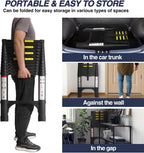 Lightweight, multi-functional, foldable aluminum telescopic ladder with two triangular stabilizers; maximum load capacity 330 lbs.