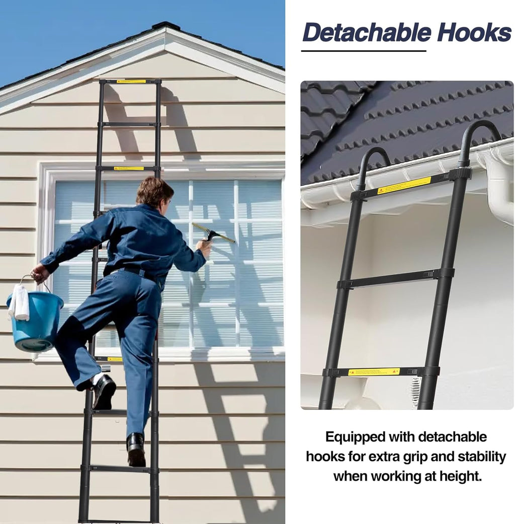 Lightweight, multi-functional, foldable aluminum telescopic ladder with two triangular stabilizers; maximum load capacity 330 lbs.